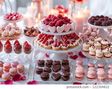 Elegant Valentine's Day dessert table with heart-shaped macaroons, strawberries, and chocolate treats. Elegant Valentine's Day dessert table with heart-shaped macaroons, strawberries, and chocolate treats. 122384622