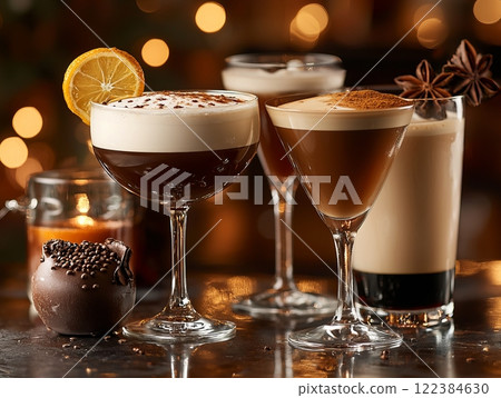Stylish espresso cocktails with garnishes and spices in a chic modern bar setting. Stylish espresso cocktails with garnishes and spices in a chic modern bar setting. 122384630