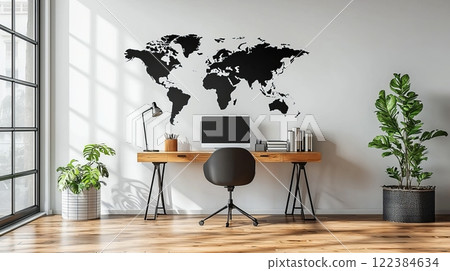 Minimalistic study room with a world map, sleek desk, and cozy, modern design elements. Minimalistic study room with a world map, sleek desk, and cozy, modern design elements. 122384634