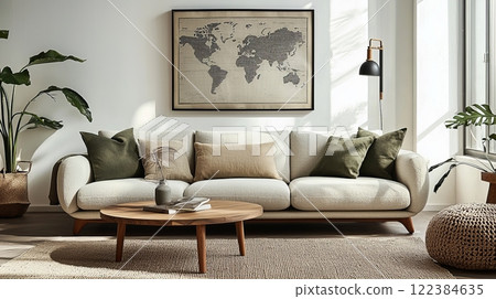 Minimalistic study room with a world map, sleek desk, and cozy, modern design elements. 122384635