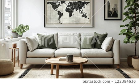 Minimalistic study room with a world map, sleek desk, and cozy, modern design elements. Minimalistic study room with a world map, sleek desk, and cozy, modern design elements. 122384636
