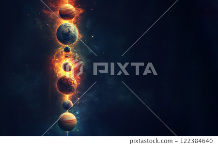 Cosmic alignment of planets including Venus, Mars, Jupiter, Saturn, and others in space. Cosmic alignment of planets including Venus, Mars, Jupiter, Saturn, and others in space. 122384640