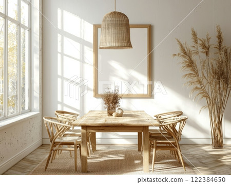Bright dining room with wooden table and natural light 122384650