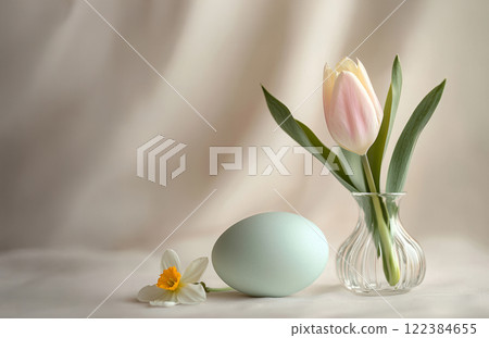 Pastel Easter still life with a tulip and a decorated egg in a vase Pastel Easter still life with a tulip and a decorated egg in a vase 122384655