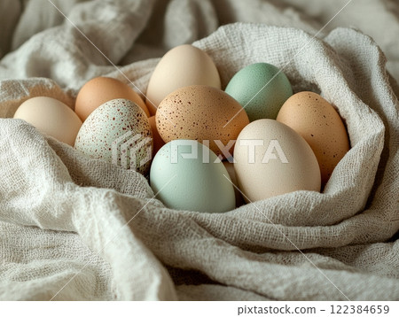 Pastel-colored Easter eggs in a basket for a festive spring celebration. 122384659