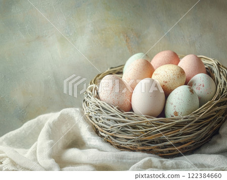 Pastel-colored Easter eggs in a basket for a festive spring celebration. Pastel-colored Easter eggs in a basket for a festive spring celebration. 122384660