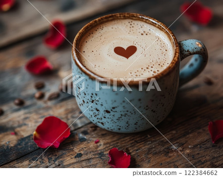 Heart-shaped latte art in a coffee cup surrounded by rose petals for a romantic atmosphere. 122384662