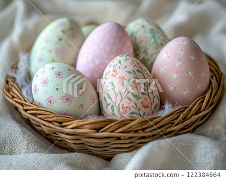 Decorative Easter eggs with floral patterns in a basket for spring celebration. 122384664