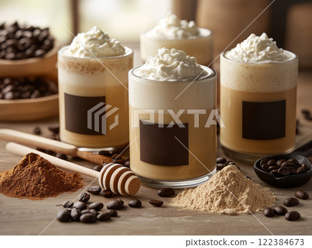 Protein lattes with caramel topping and coffee beans in a cozy modern setting. 122384673