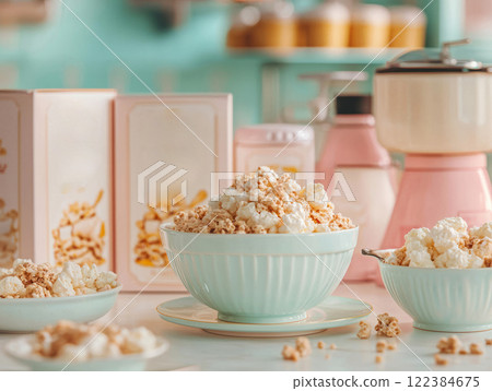 Keto-friendly cereal and sweet popcorn in pastel bowls for a cozy, nostalgic scene. 122384675