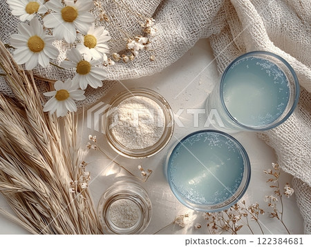 Calming magnesium drinks with flowers on a flat lay Calming magnesium drinks with flowers on a flat lay 122384681
