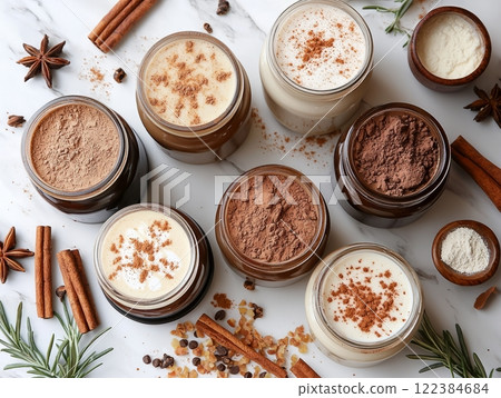 Protein latte mixes with spices and chocolate in flat lay Protein latte mixes with spices and chocolate in flat lay 122384684