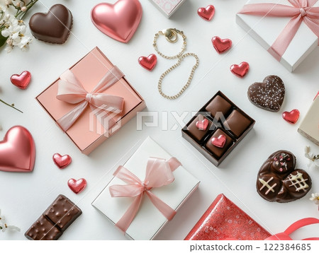 Valentine's Day gifts, hearts, and card on a flat lay Valentine's Day gifts, hearts, and card on a flat lay 122384685