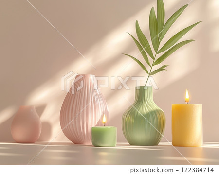 Minimalist still life with modern pastel vases and candles Minimalist still life with modern pastel vases and candles 122384714