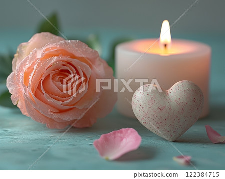 Minimalist Valentine's Day still life with pink rose and heart-shaped decoration 122384715