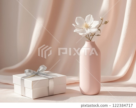Minimalist Valentine's Day still life with flowers and gift box 122384717