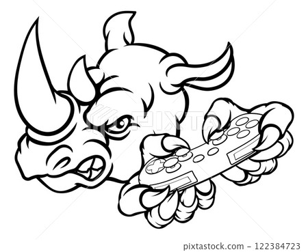 Rhino Gamer Mascot Holding Controller Rhino Gamer Mascot Holding Controller 122384723