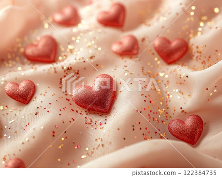 Playful Valentine's Day background with hearts, glitter, and soft pink fabric. Playful Valentine's Day background with hearts, glitter, and soft pink fabric. 122384735