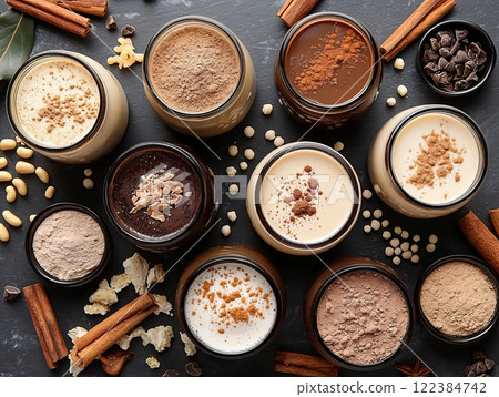 Protein latte mixes with spices and chocolate in flat lay 122384742