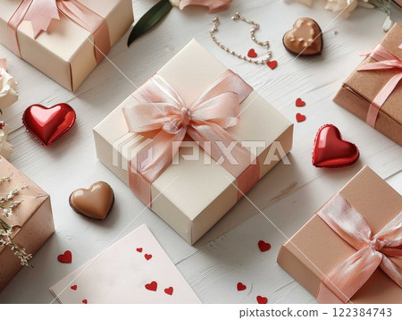 Valentine's Day gifts, hearts, and card on a flat lay 122384743