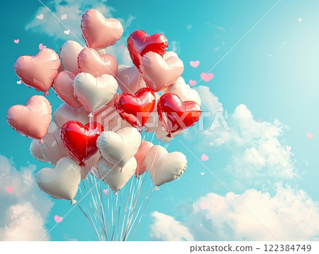 Joyful Valentine's Day background with heart-shaped balloons in the sky 122384749