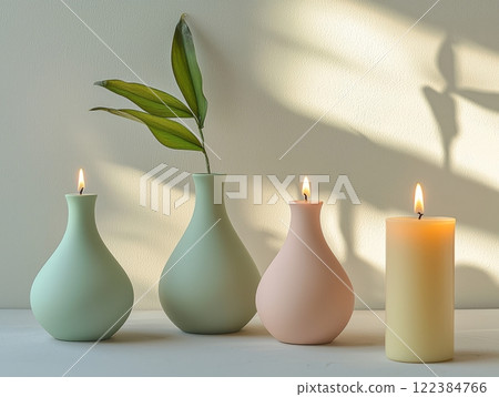 Minimalist still life with modern pastel vases and candles 122384766