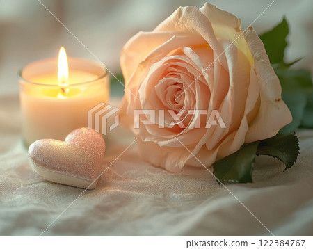 Minimalist Valentine's Day still life with pink rose and heart-shaped decoration 122384767
