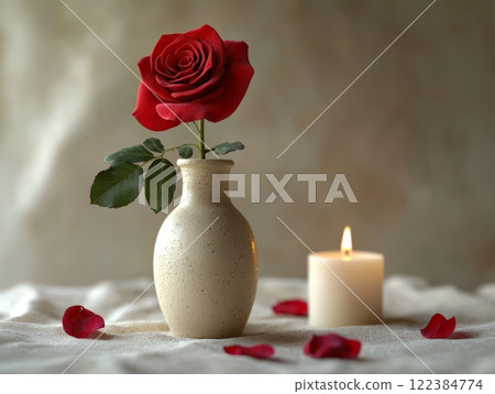 Minimalist Valentine's Day still life with red rose and candle Minimalist Valentine's Day still life with red rose and candle 122384774