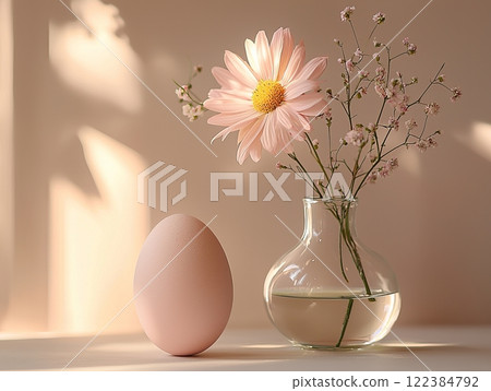 Minimalist still life with a pastel egg and a flower in a glass vase 122384792