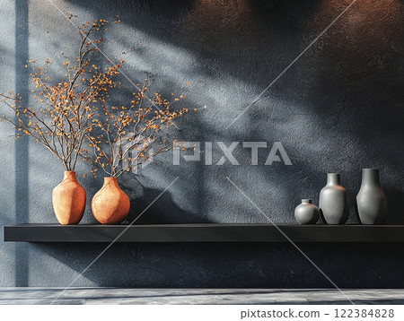 Minimalist arrangement of ceramic vases on a dark shelf Minimalist arrangement of ceramic vases on a dark shelf 122384828