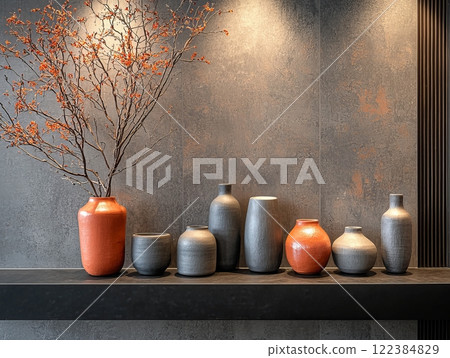 Minimalist arrangement of ceramic vases on a dark shelf 122384829