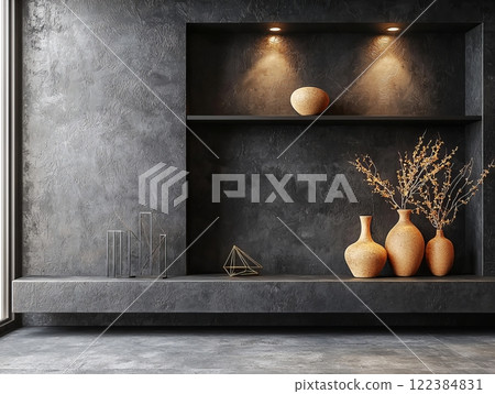 Modern minimalist living room with ceramic vases and dark accents Modern minimalist living room with ceramic vases and dark accents 122384831