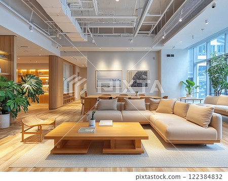 Stylish and spacious open-concept living and dining room with modern decor and natural light. Stylish and spacious open-concept living and dining room with modern decor and natural light. 122384832