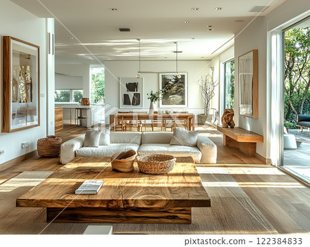 Stylish and spacious open-concept living and dining room with modern decor and natural light. 122384833