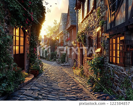 Historic European cityscape at sunset with cobblestone street Historic European cityscape at sunset with cobblestone street 122384857