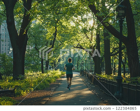 Young adult jogging along a tree-lined path during golden hour Young adult jogging along a tree-lined path during golden hour 122384865