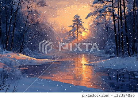 Winter forest landscape with snow falling gently at twilight 122384886