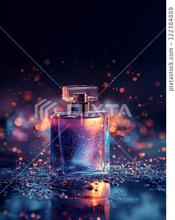 A bottle of perfume on a dark background with water droplets 122384889