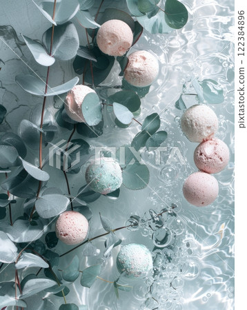 Bath Bombs with Eucalyptus Leaves on Water Surface with Foam Bath Bombs with Eucalyptus Leaves on Water Surface with Foam 122384896