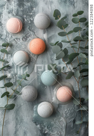 Bath Bombs with Eucalyptus Leaves on Water Surface with Foam Bath Bombs with Eucalyptus Leaves on Water Surface with Foam 122384898