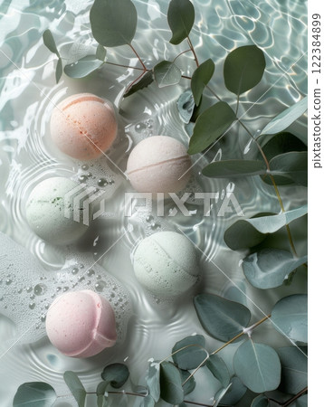 Bath Bombs with Eucalyptus Leaves on Water Surface with Foam Bath Bombs with Eucalyptus Leaves on Water Surface with Foam 122384899
