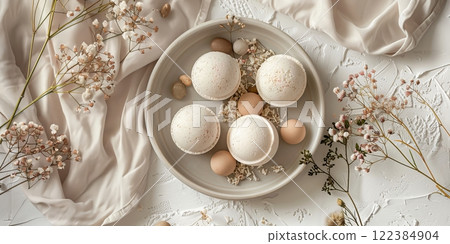 Flat Lay of Bath Bombs with Flowers and Pastel Aesthetic 122384904