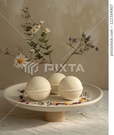 Elegant Bath Bombs with Chamomile and Dried Flowers on Minimalist Plate 122384907