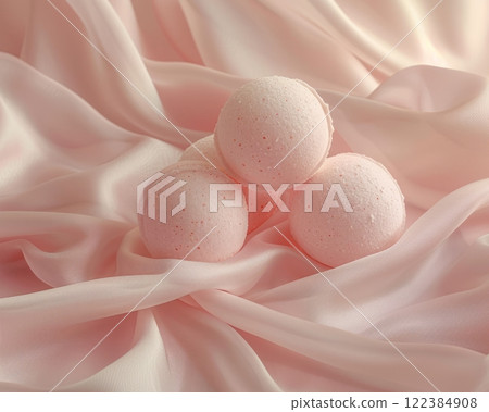 Soft Pink Bath Bombs Stacked on Delicate Silk Fabric 122384908