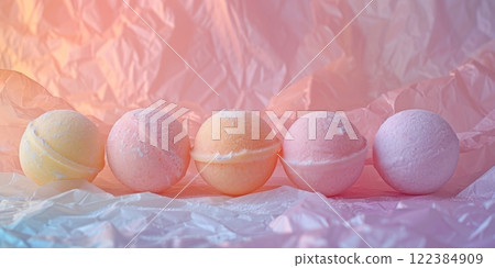 Pastel Bath Bombs on Watercolor Textured Background 122384909