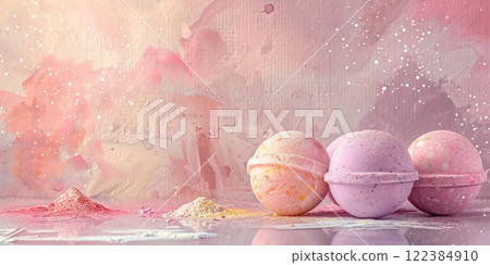 Pastel Bath Bombs on Watercolor Textured Background Pastel Bath Bombs on Watercolor Textured Background 122384910
