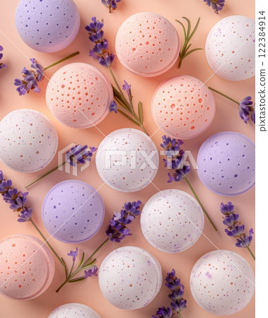 Colorful Bath Bombs on Pastel Peach Background with Lavender Details Colorful Bath Bombs on Pastel Peach Background with Lavender Details 122384914