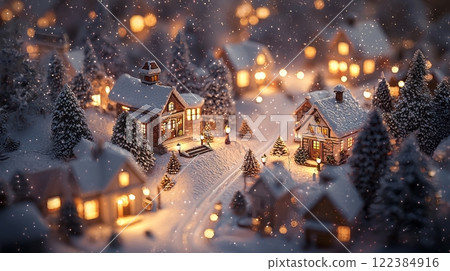 Cozy Snow-Covered Winter Village with Warm Lights Cozy Snow-Covered Winter Village with Warm Lights 122384916