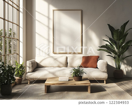 Modern minimalist living room with wooden furniture and plants Modern minimalist living room with wooden furniture and plants 122384933