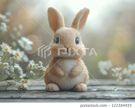 Cute realistic Easter bunny figurine on wooden surface. Cute realistic Easter bunny figurine on wooden surface. 122384935